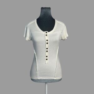 Gabriella 2000s y2k grunge white patchwork knit henley top baby tee L